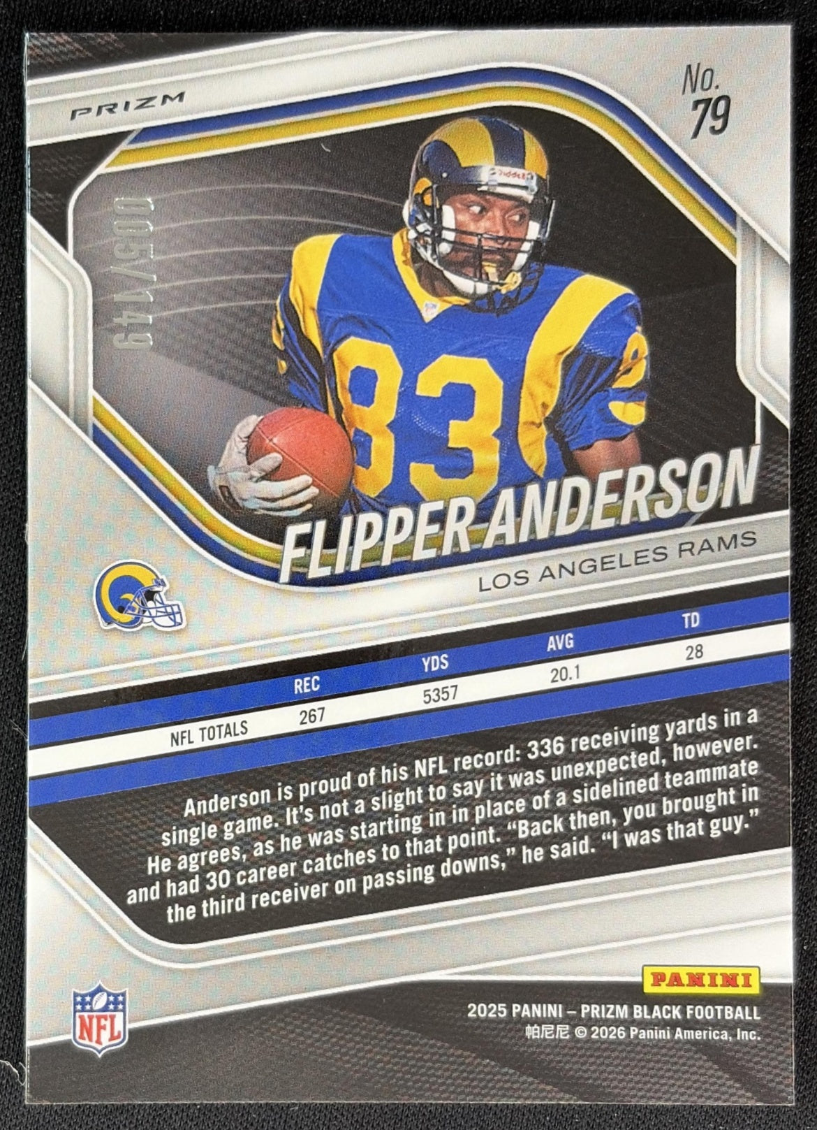 Flipper Anderson 2025 Panini Prizm Black Purple Ice /149 Rams Back