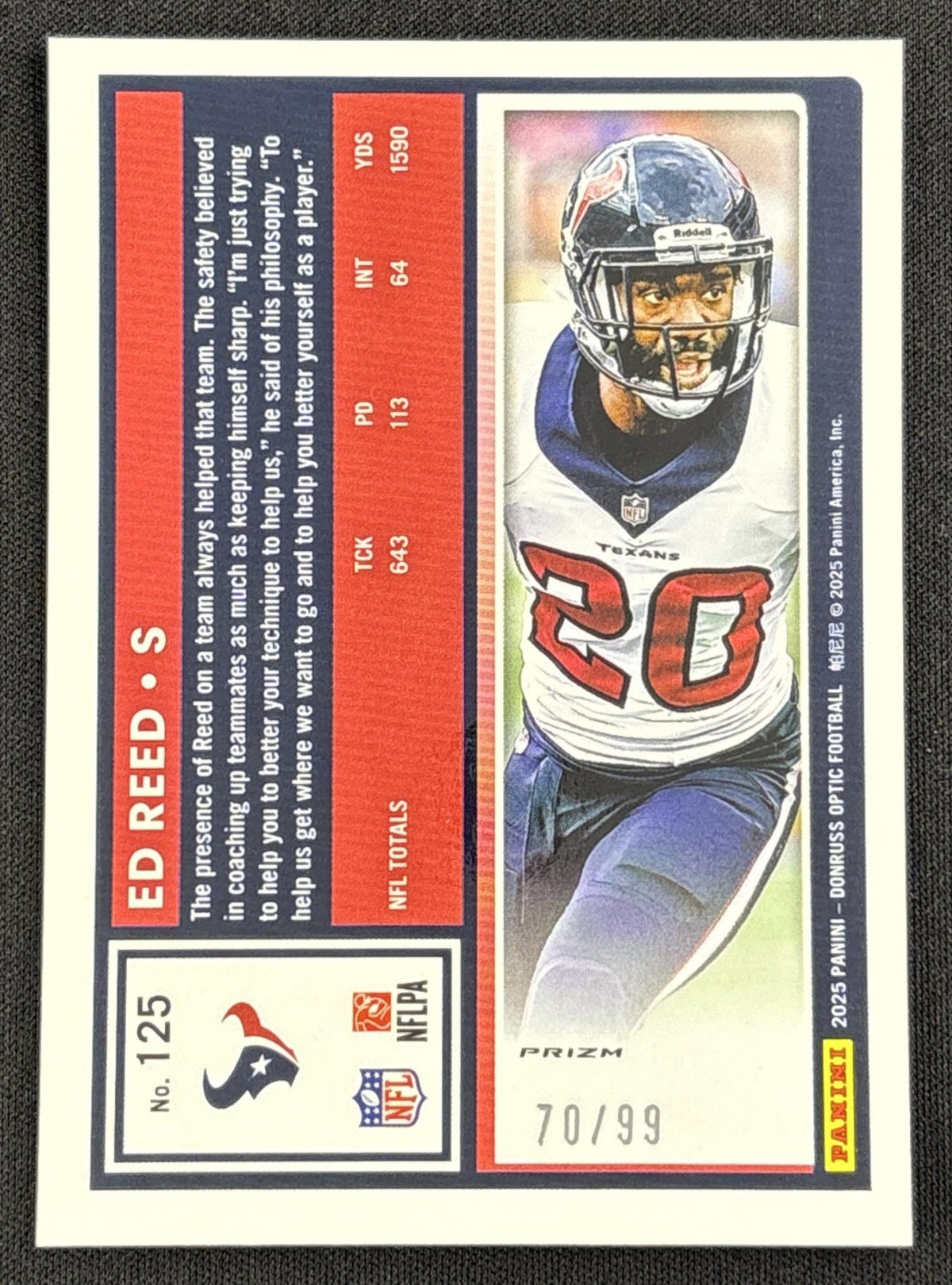 Ed Reed 2025 Panini Donruss Optic Pink Velocity Prizm /99 Texans Sports Trading Card
