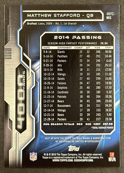 Matthew Stafford 2015 Topps 4000 Yard Club Lions Detroit Lions Sports Trading Card