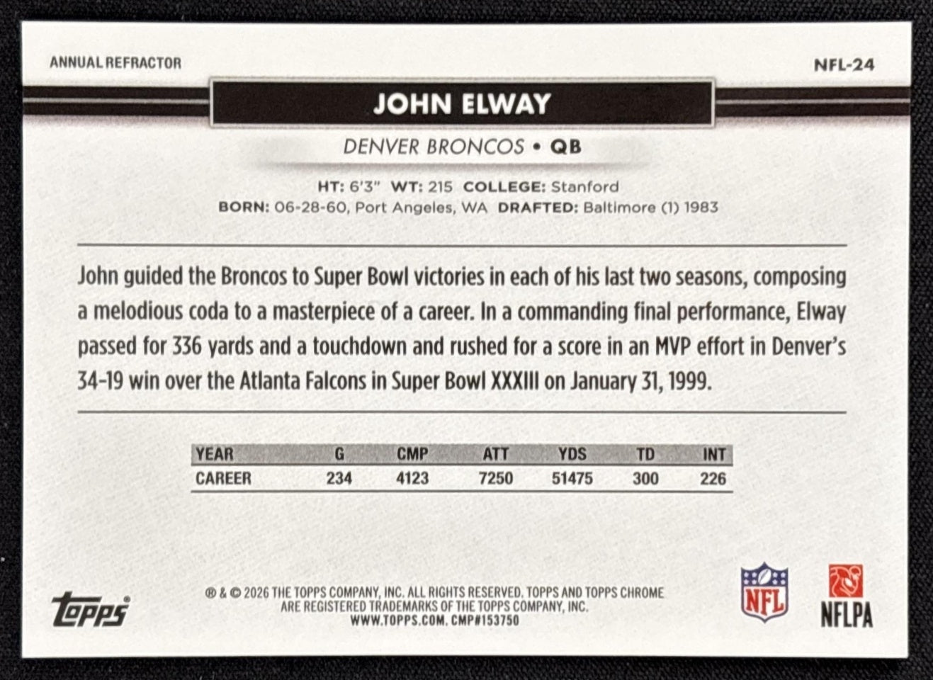 John Elway 2026 Topps NSCC Collection NFL Annual Refractor /26 Sports Trading Cards