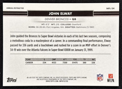 John Elway 2026 Topps NSCC Collection NFL Annual Refractor /26 Sports Trading Cards