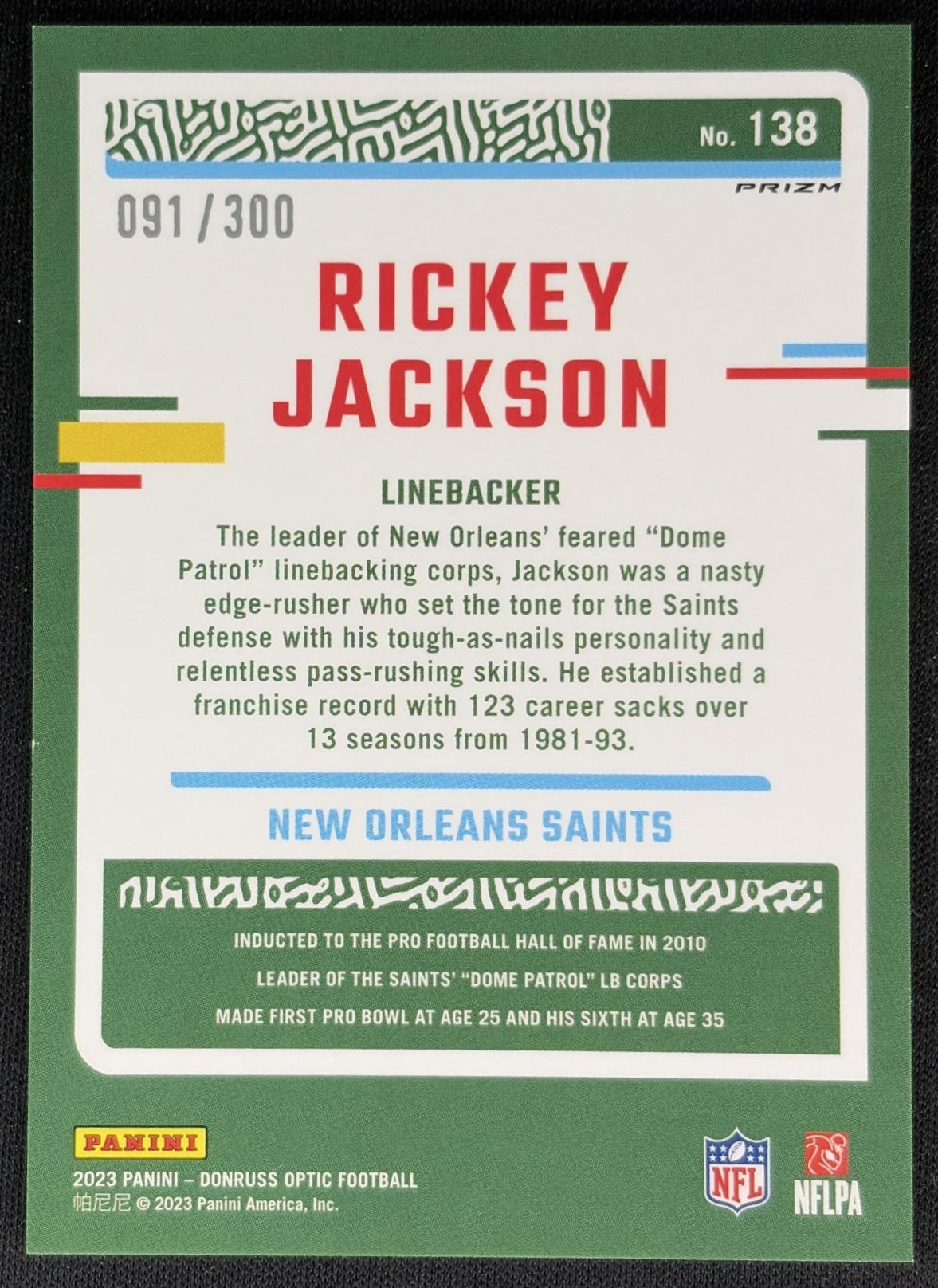 Rickey Jackson 2023 Panini Donruss Optic Wave Prizm /300 Saints back