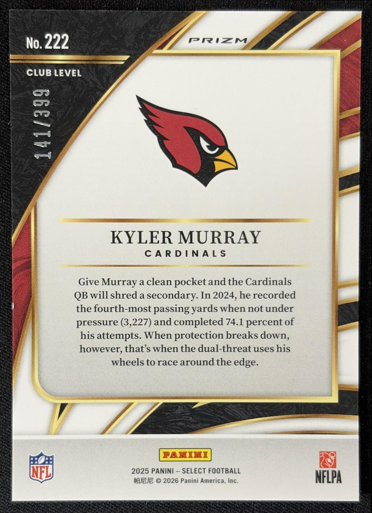Kyler Murray 2025 Panini Select Club Level Orange Prizm Shock /399 Cardinals back