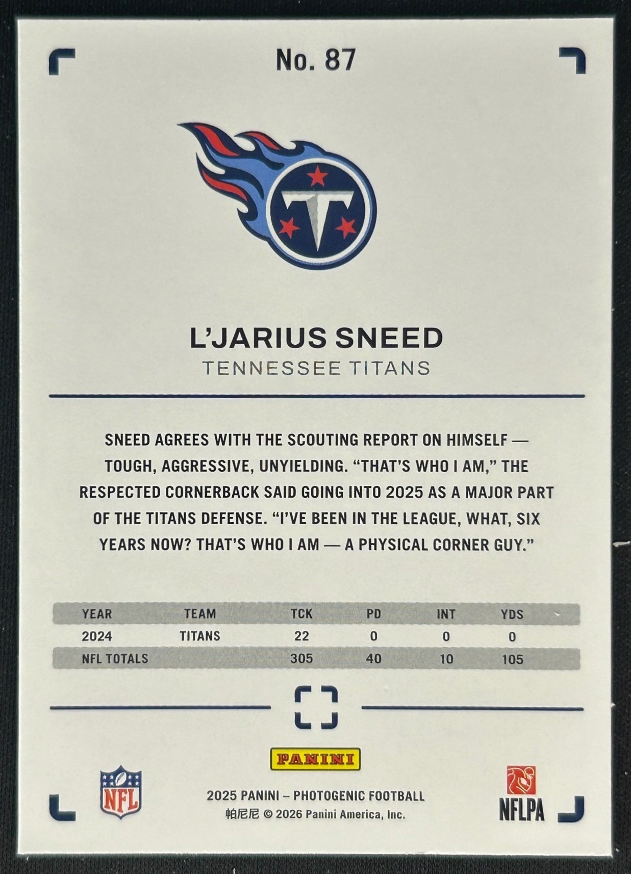 L'Jarius Sneed 2025 PhotoGenic Titans Sports Trading Cards