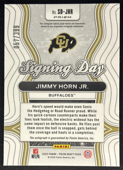 Jimmy Horn Jr. 2025 Panini Prizm Draft Picks Signing Day Red /399 Buffaloes back