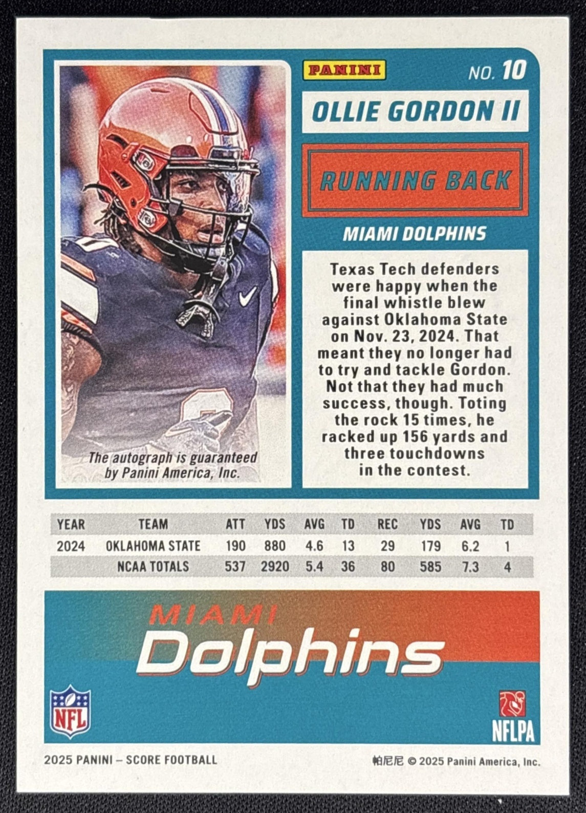 Ollie Gordon II 2025 Panini Score Rookies Signatures Artist's Proof /35 Dolphins back