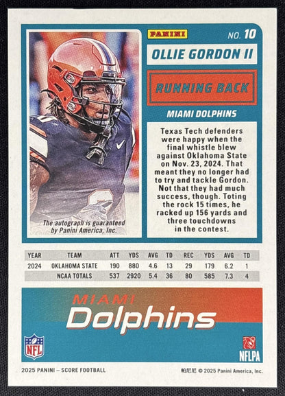 Ollie Gordon II 2025 Panini Score Rookies Signatures Artist's Proof /35 Dolphins back