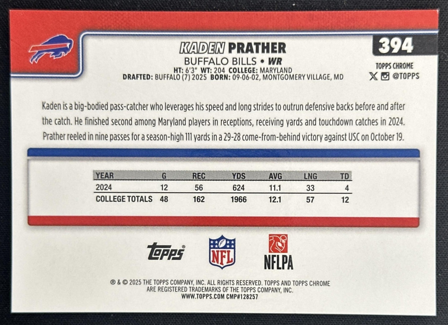 Kaden Prather 2025 Topps Chrome Sapphire Gold Refractor /50 Bills Sports Trading Cards