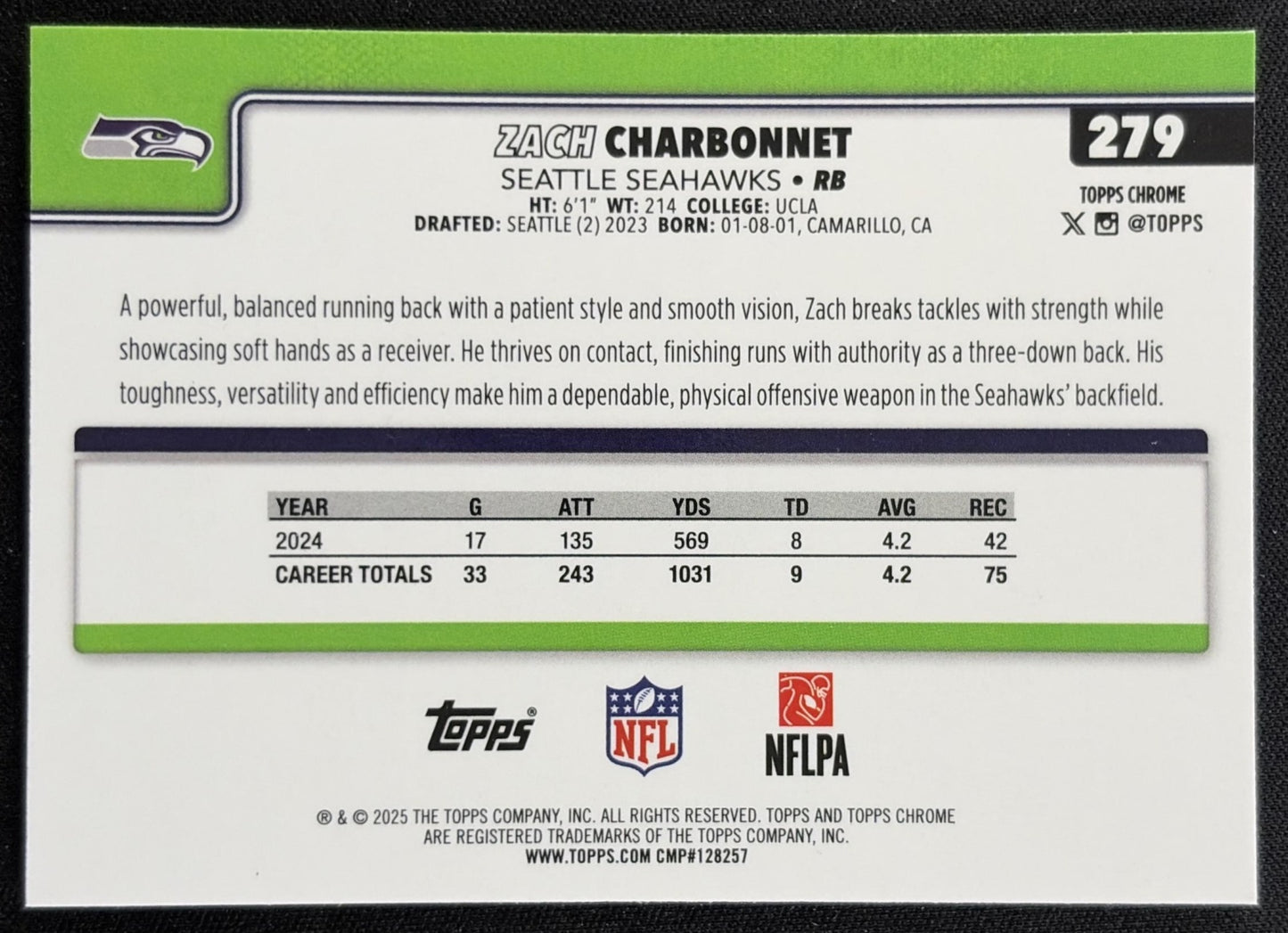 Zach Charbonnet 2025 Topps Chrome Pulsar Refractor Seahawks