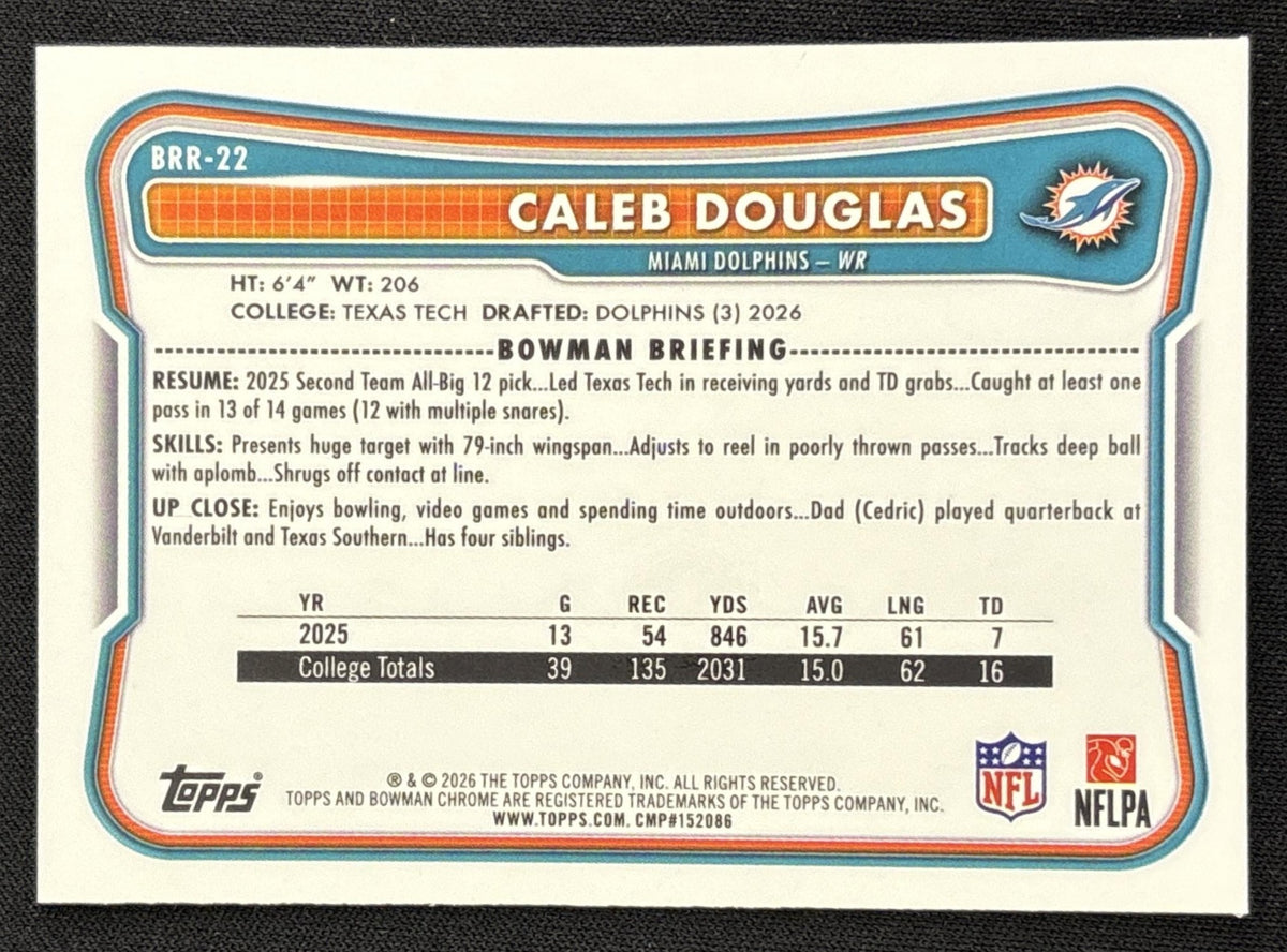 Caleb Douglas 2026 Bowman Chrome Red RC Variation Dolphins Rookie Sports Trading Card
