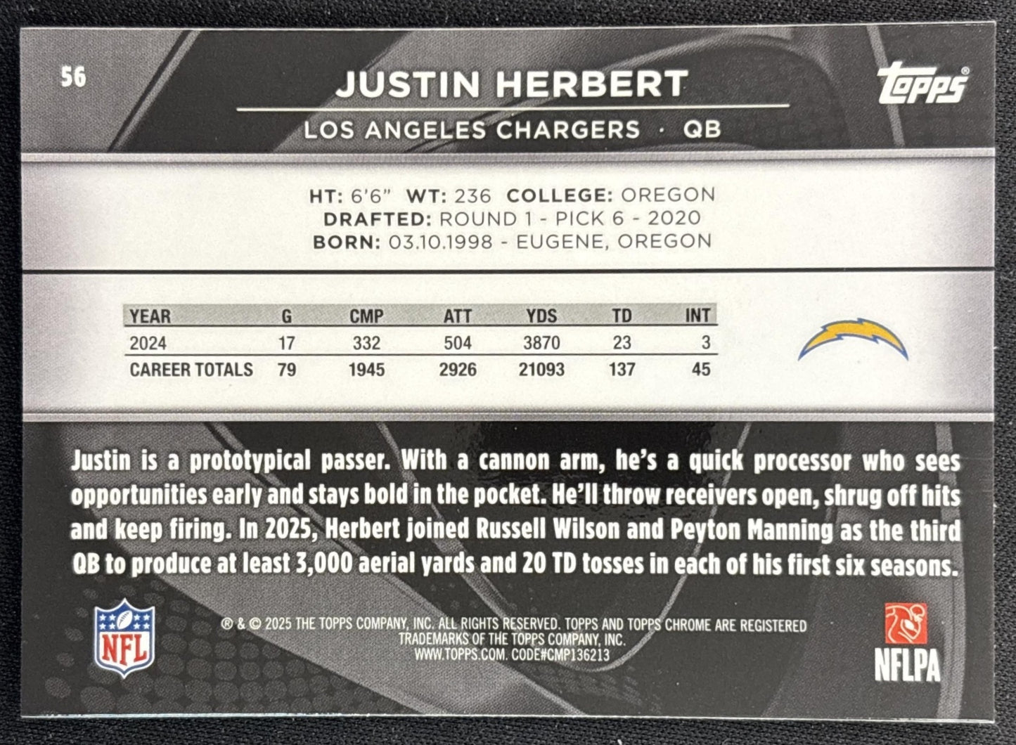 Justin Herbert 2025 Topps Chrome Black Chargers back