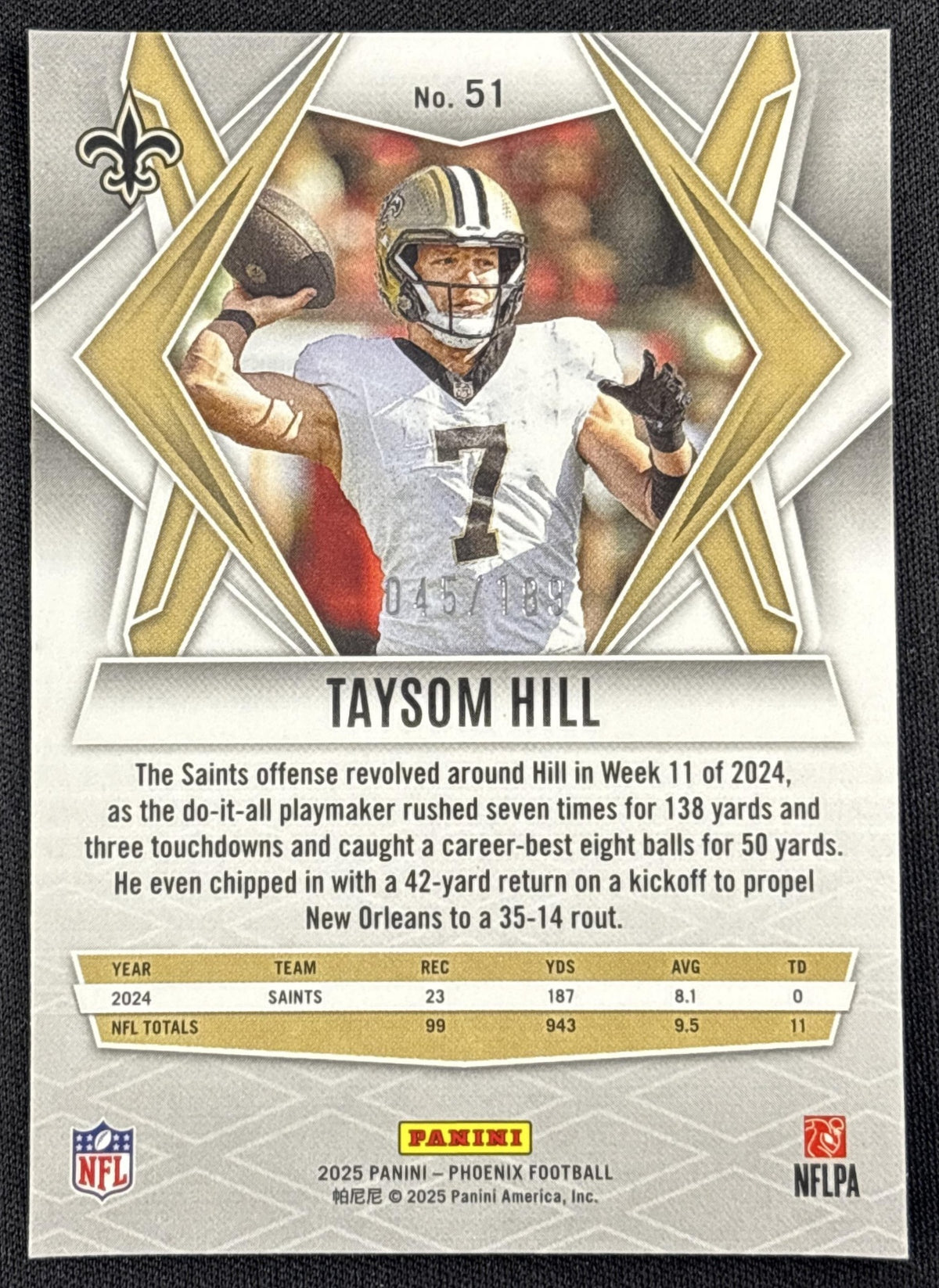 Taysom Hill 2025 Panini Phoenix Orange Pandora Prizm /189 Saints