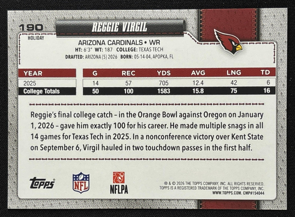 Reggie Virgil 2026 Topps Holiday Blue Metallic Glitter Cardinals | Arizona Cardinals