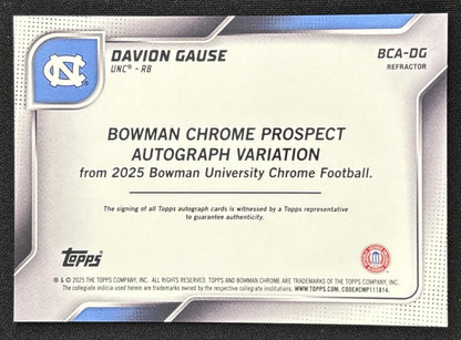 Davion Gause 2025 Bowman Chrome University Prospect Auto Refractor /299 Tar Heels