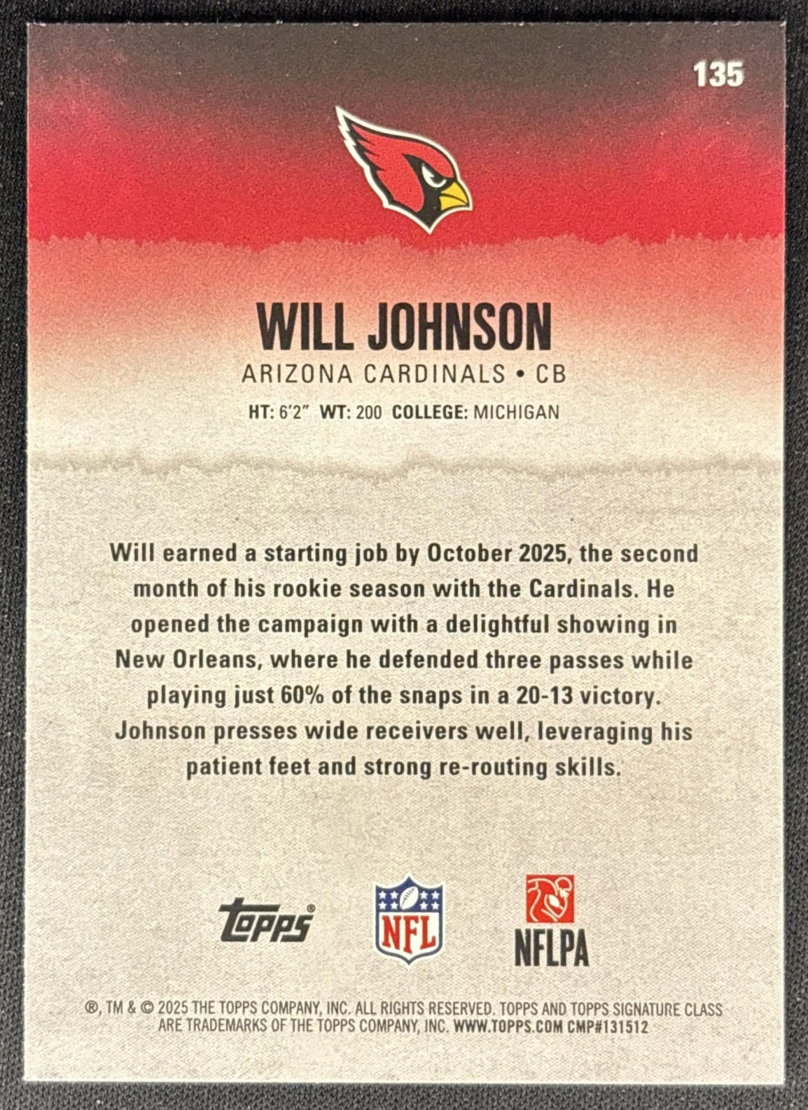 Will Johnson 2025 Topps Signature Class Rookie Blue & Yellow Foil Cardinals - Back