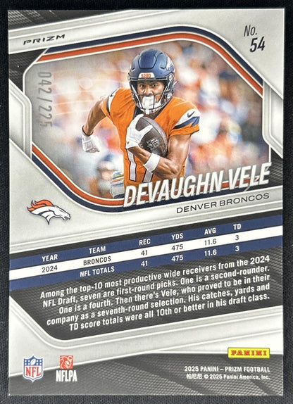 Devaughn Vele 2025 Panini Prizm Purple Ice /225 Broncos back