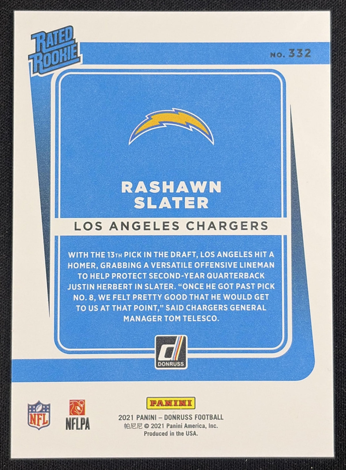 Rashawn Slater 2021 Panini Donruss Press Proof Premium Chargers Sports Trading Card