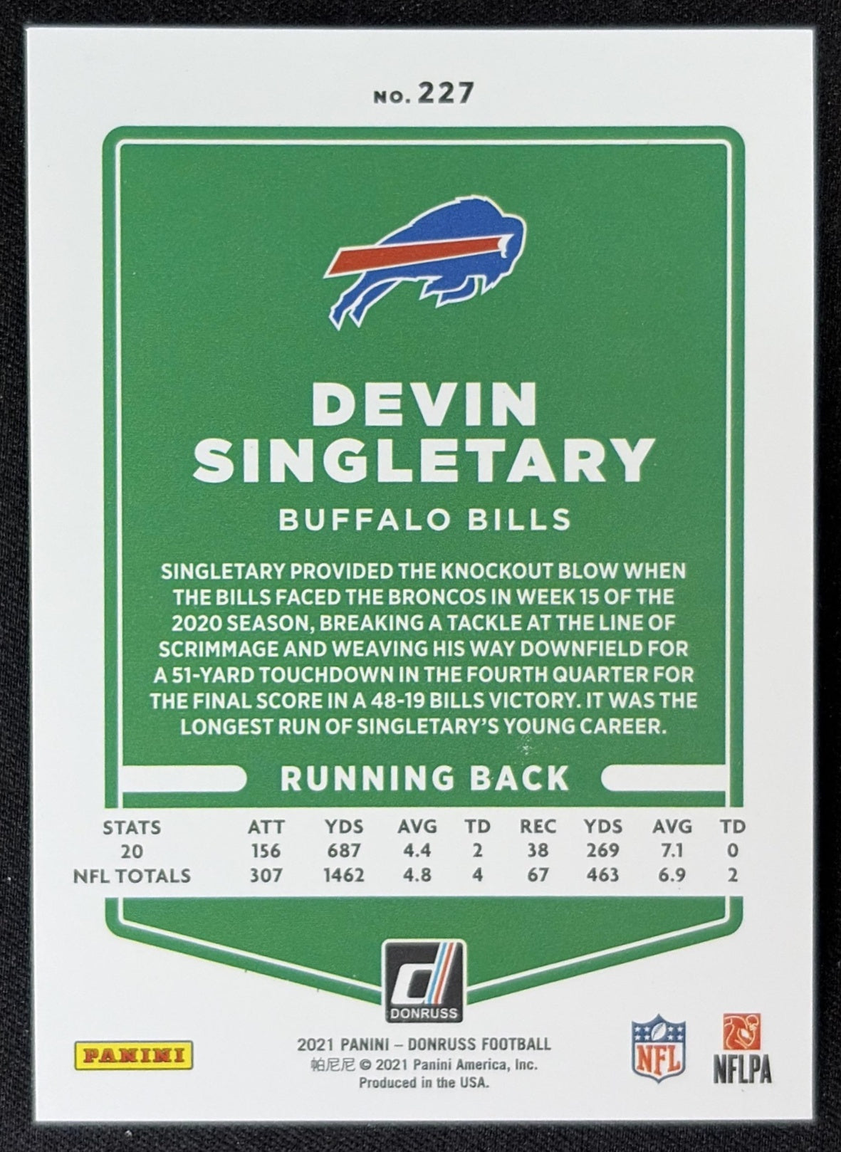 Devin Singletary 2021 Panini Donruss Press Proof Premium Bills - Buffalo Bills