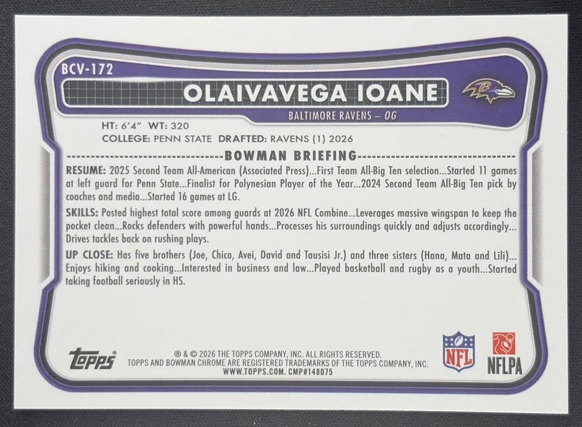 Olaivavega Ioane 2026 Bowman Chrome NFL Speckle Refractor Ravens
