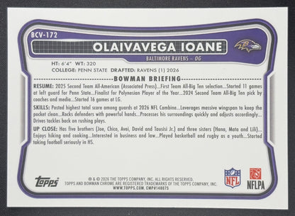 Olaivavega Ioane 2026 Bowman Chrome NFL Speckle Refractor Ravens
