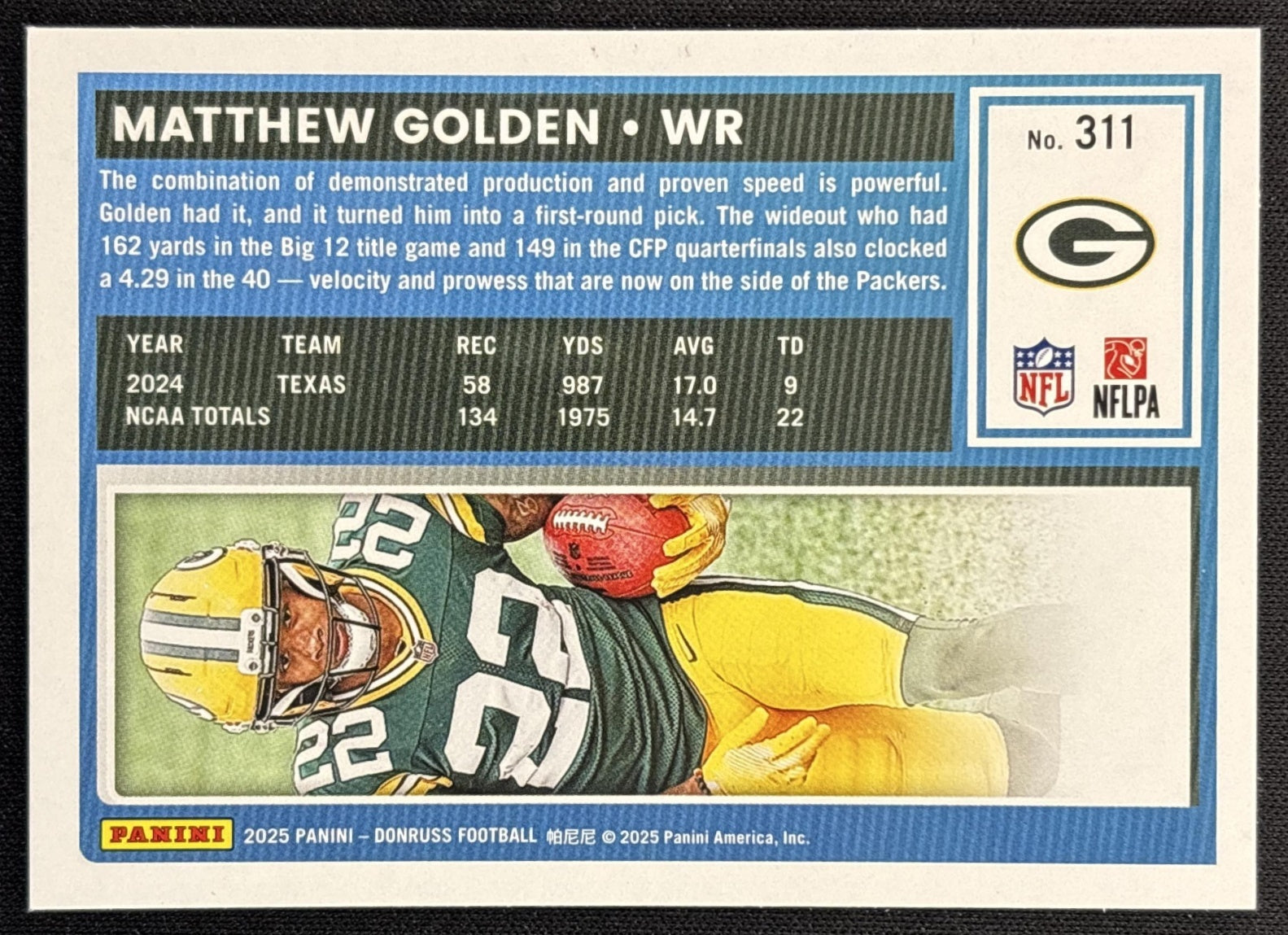 Matthew Golden 2025 Panini Donruss Rated Rookie Press Proof Blue Packers back