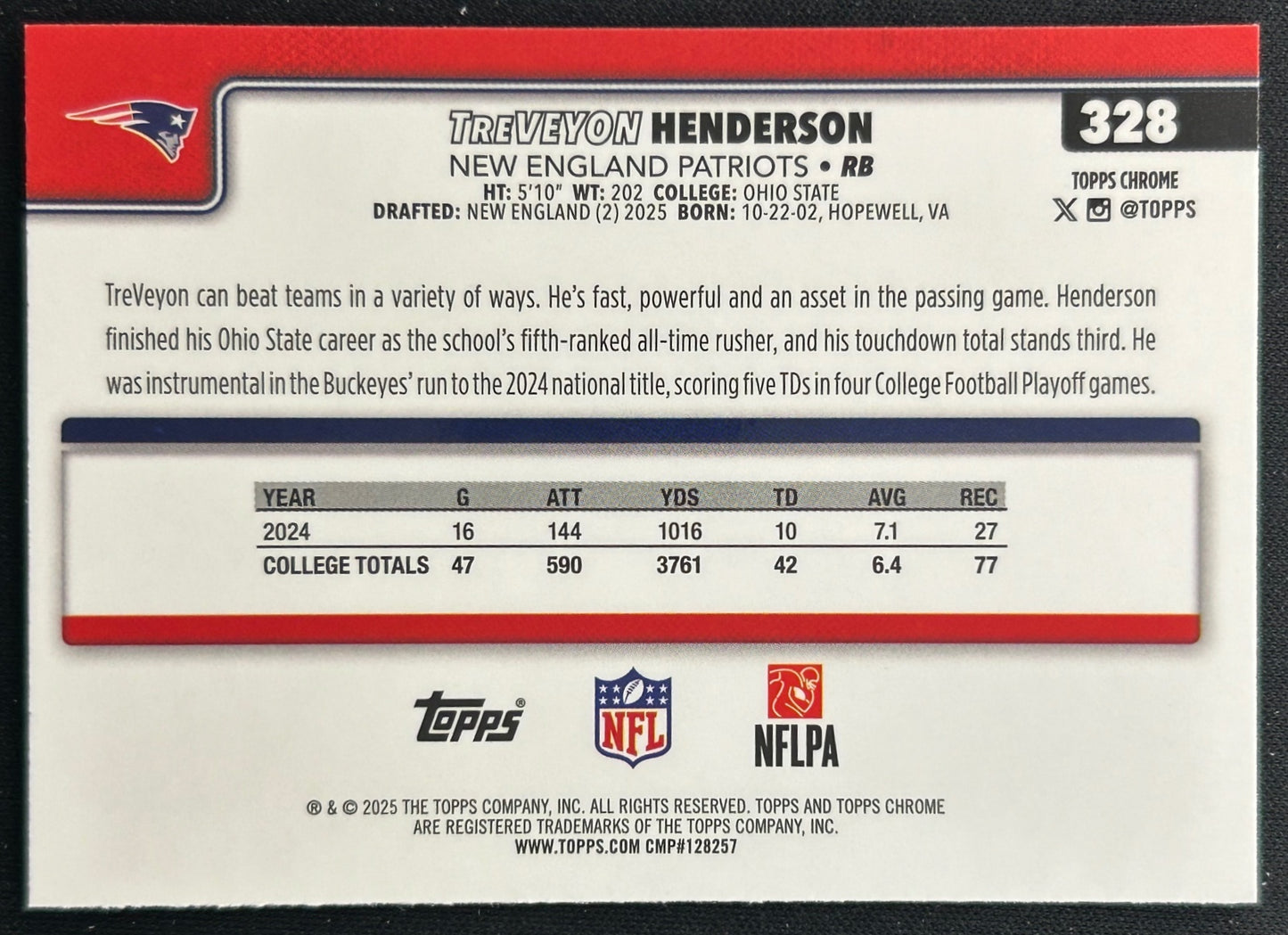 TreVeyon Henderson 2025 Topps Chrome Rookie Patriots Sports Trading Cards