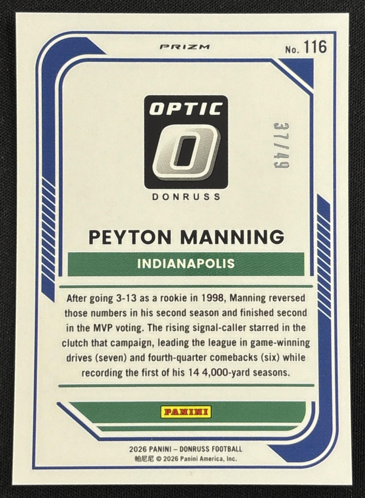 Peyton Manning 2026 Panini Donruss Optic Blue /49 Colts sports trading card back