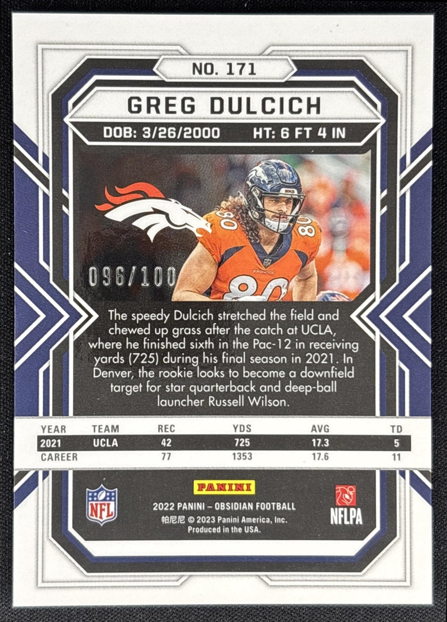 Greg Dulcich 2022 Panini Obsidian Electric Etch Purple /100 Broncos