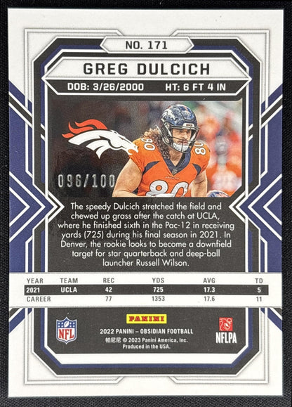 Greg Dulcich 2022 Panini Obsidian Electric Etch Purple /100 Broncos