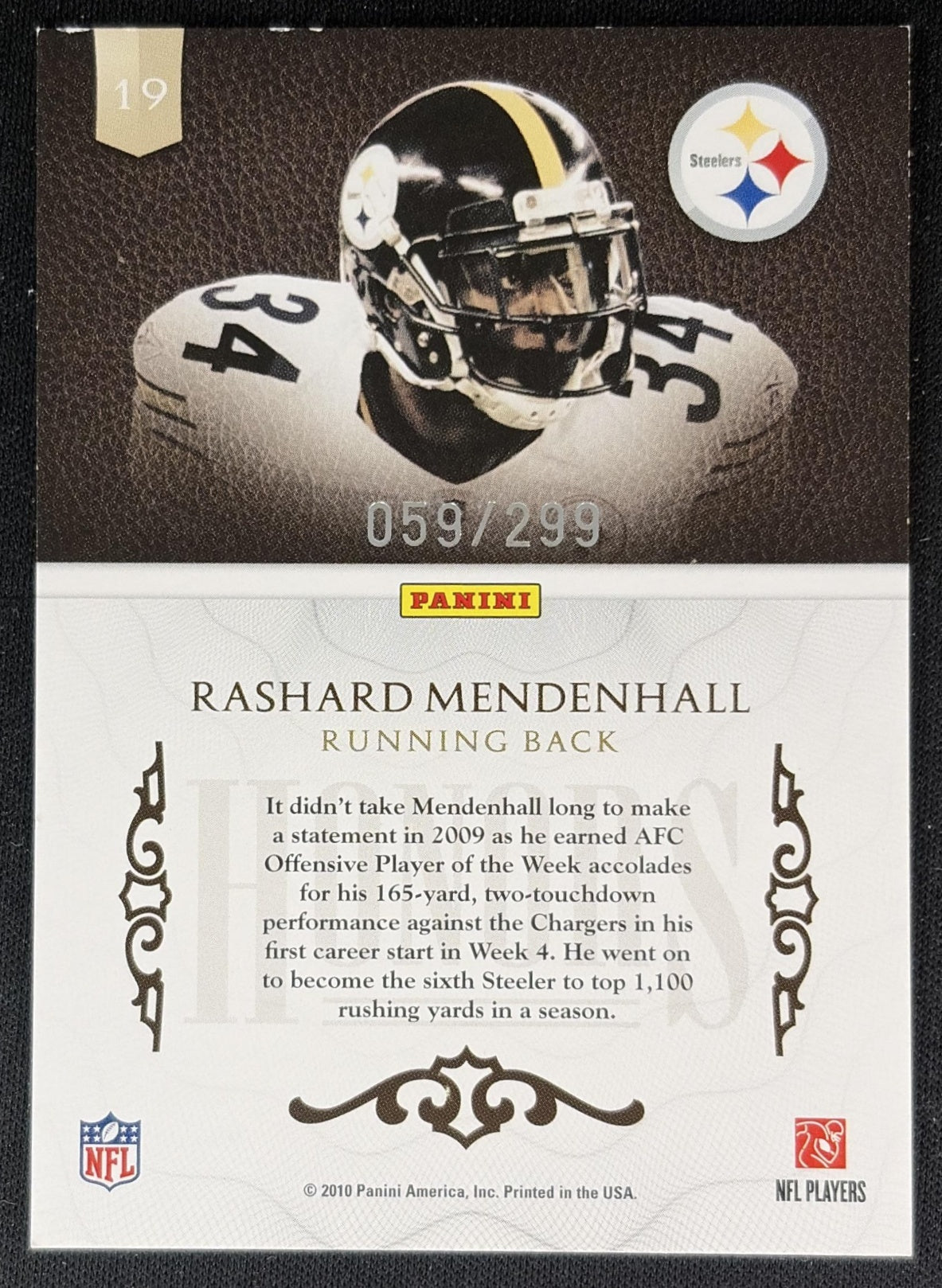 Rashard Mendenhall 2010 Panini Plates & Patches Honors /299 Steelers