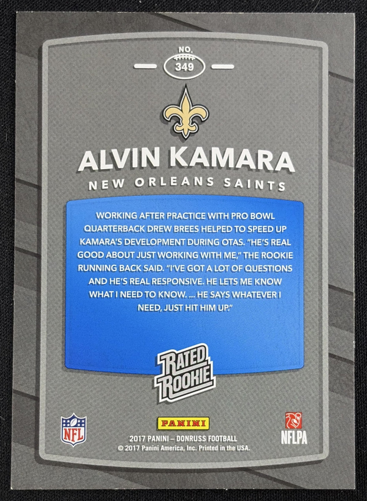 Alvin Kamara 2017 Panini Donruss Saints - back