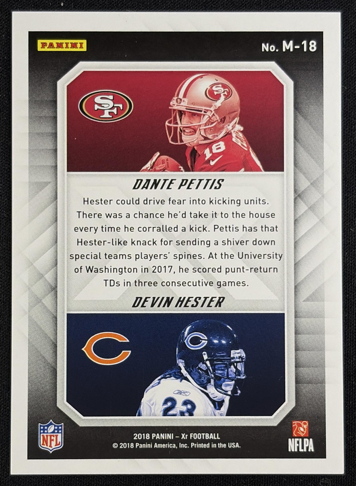 Dante Pettis Devin Hester 2018 Panini XR Mirrored Blue /25 49ers Bears Sports Trading Card