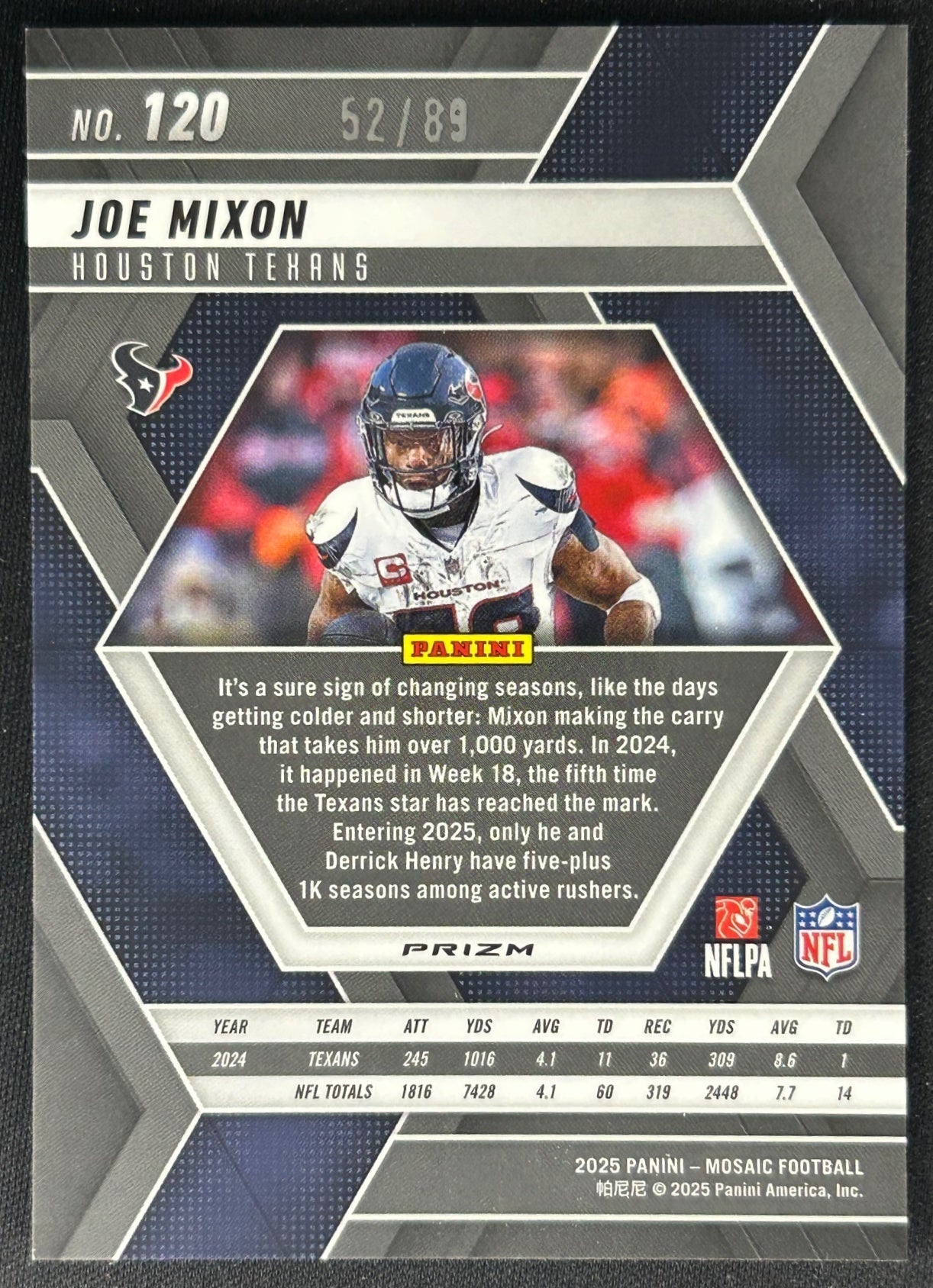 Joe Mixon 2025 Mosaic Choice Fusion Red & Yellow Prizm /89 Texans sports trading card (back)