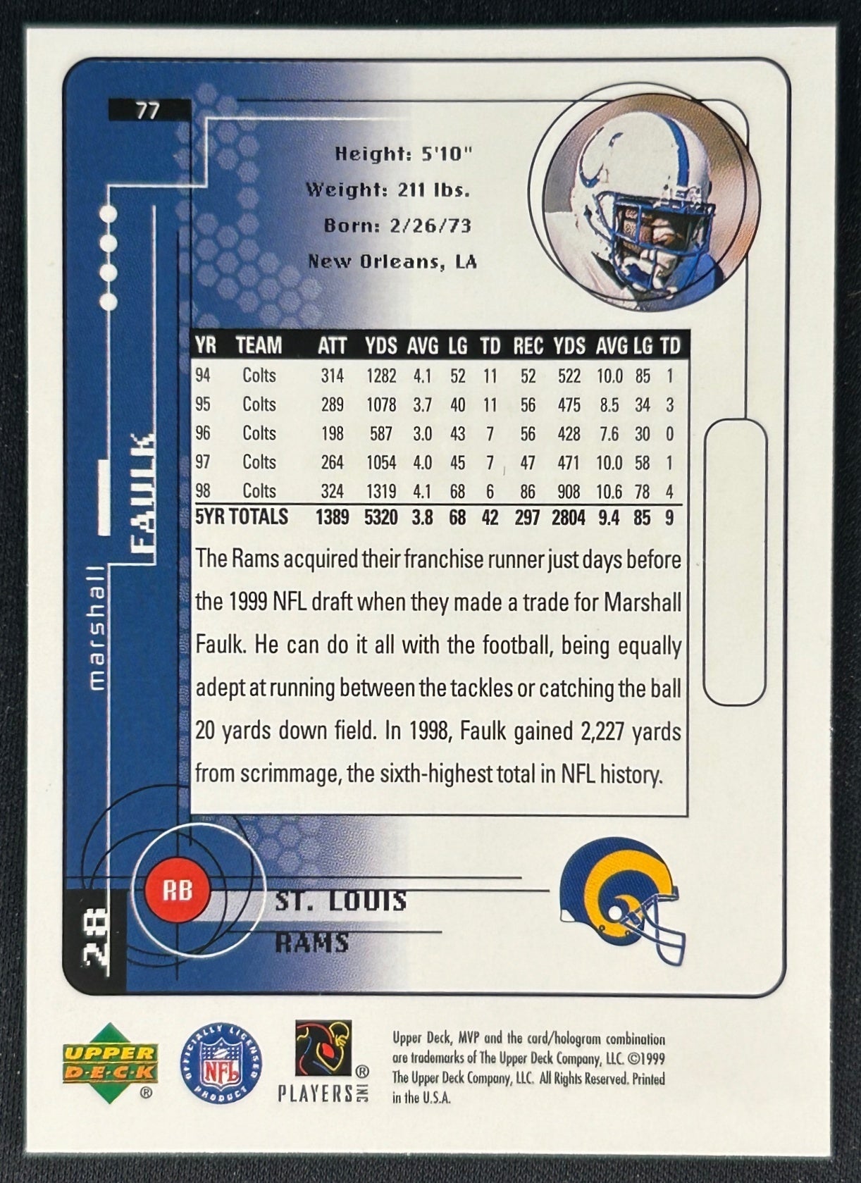 Marshall Faulk 1999 MVP Rams Sports Trading Cards