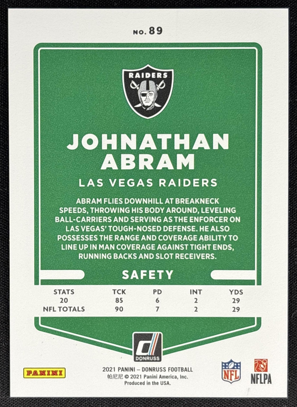 Johnathan Abram 2021 Panini Donruss Press Proof Premium Raiders Saints Sports Trading Card
