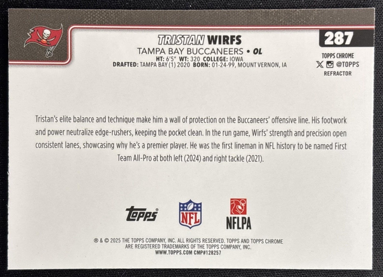 Tristan Wirfs 2025 Topps Chrome Refractor Buccaneers Sports Trading Cards