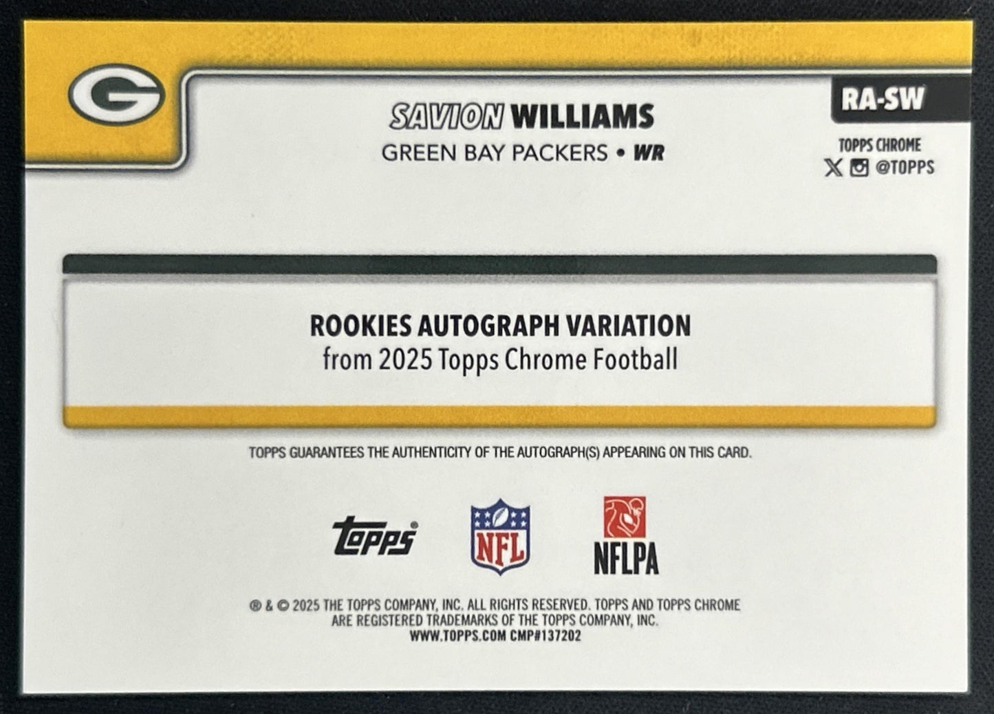 Savion Williams 2025 Chrome Rookie Auto Purple Geometric Refractor /75 Packers back