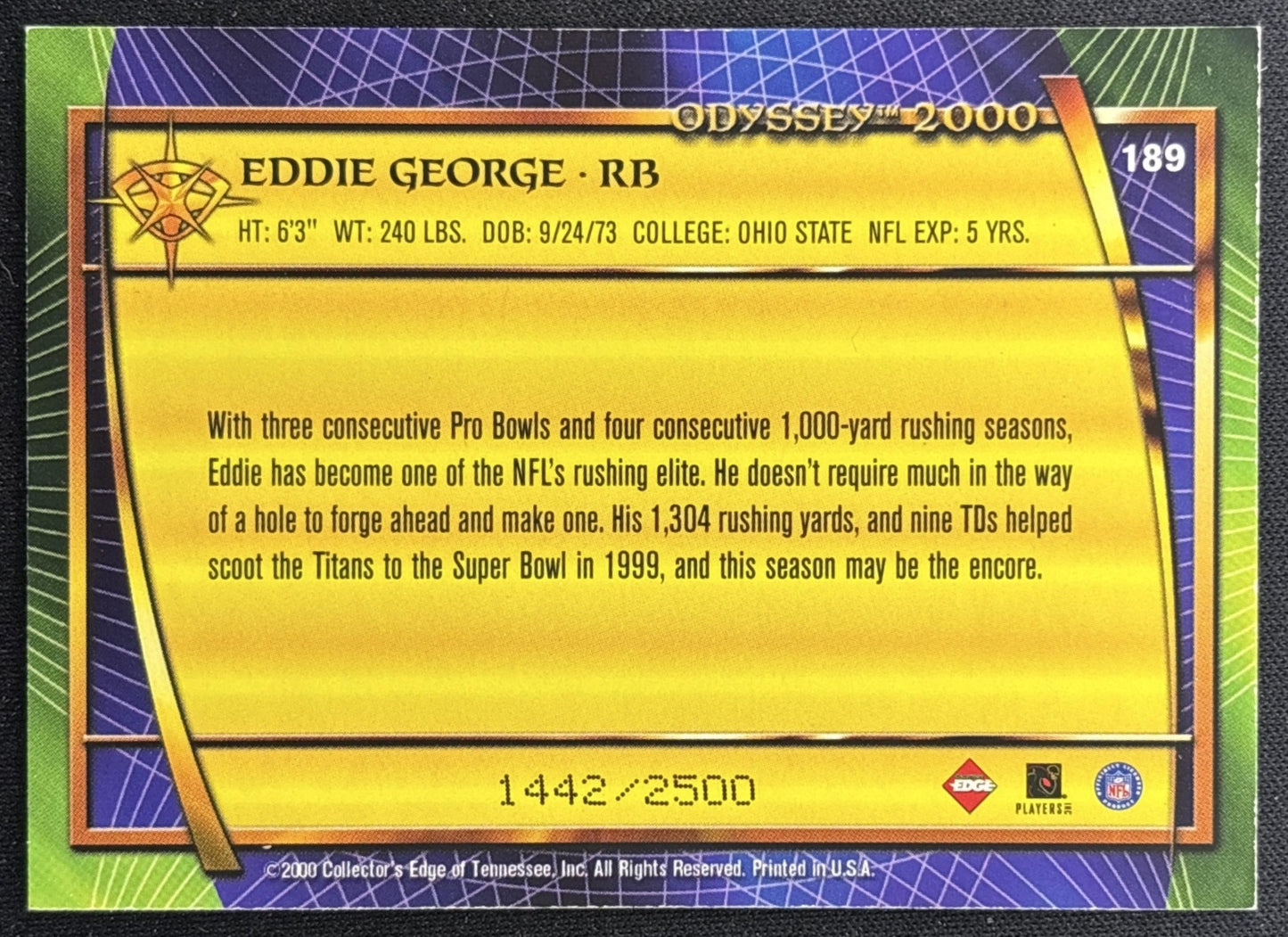 Eddie George 2000 Collector's Edge Odyssey /2500 Titans back