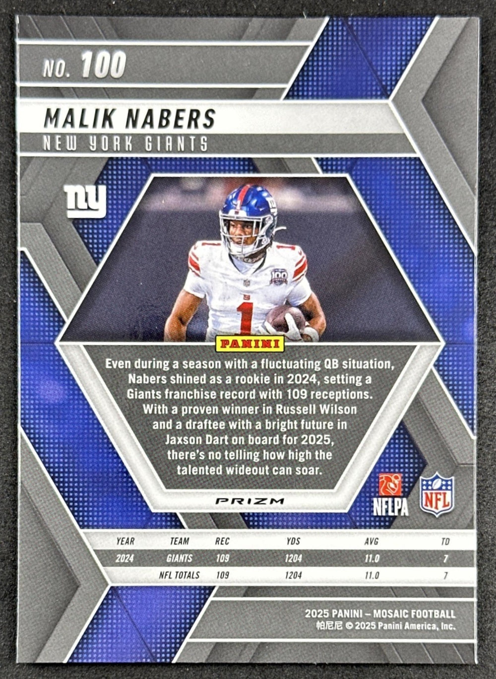 Malik Nabers 2025 Panini Mosaic Green Prizm Giants back sports trading card