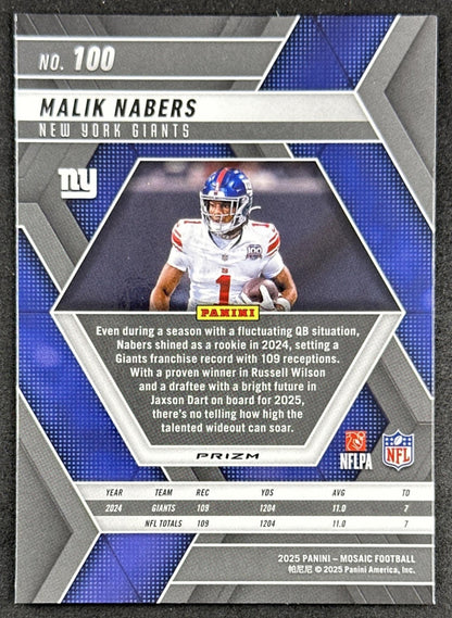 Malik Nabers 2025 Panini Mosaic Green Prizm Giants back sports trading card