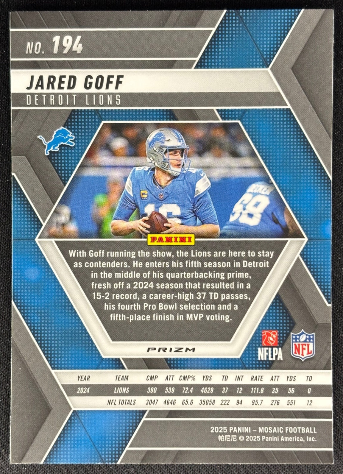 Jared Goff 2025 Mosaic Reactive Purple Prizm Lions back sports trading card