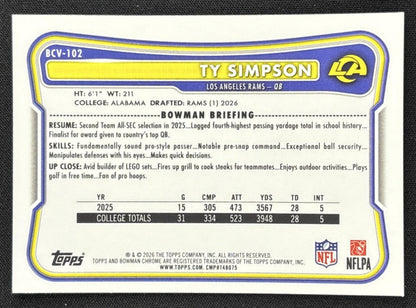 Ty Simpson 2026 Bowman Chrome NFL Mojo Refractor Rams