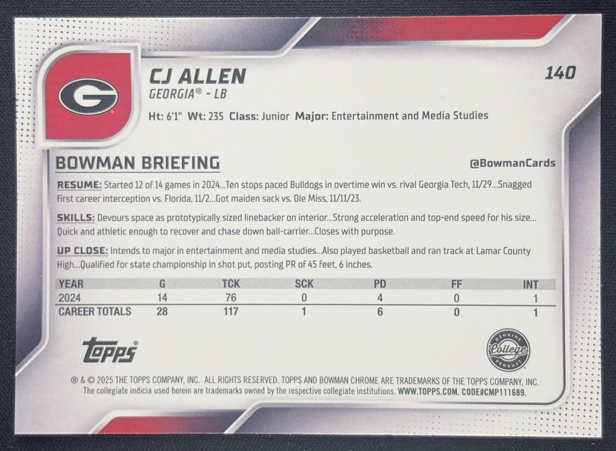 CJ Allen 2025 Bowman Chrome University Prospects Aqua Refractor /325 Bulldogs Georgia Bulldogs Sports Trading Card