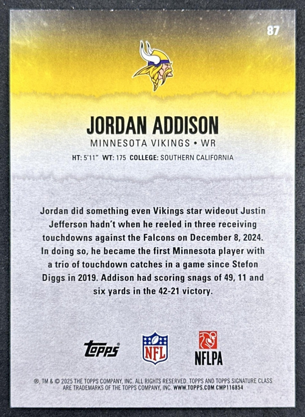 Jordan Addison 2025 Topps Signature Class Veteran Green & Purple Foil Vikings