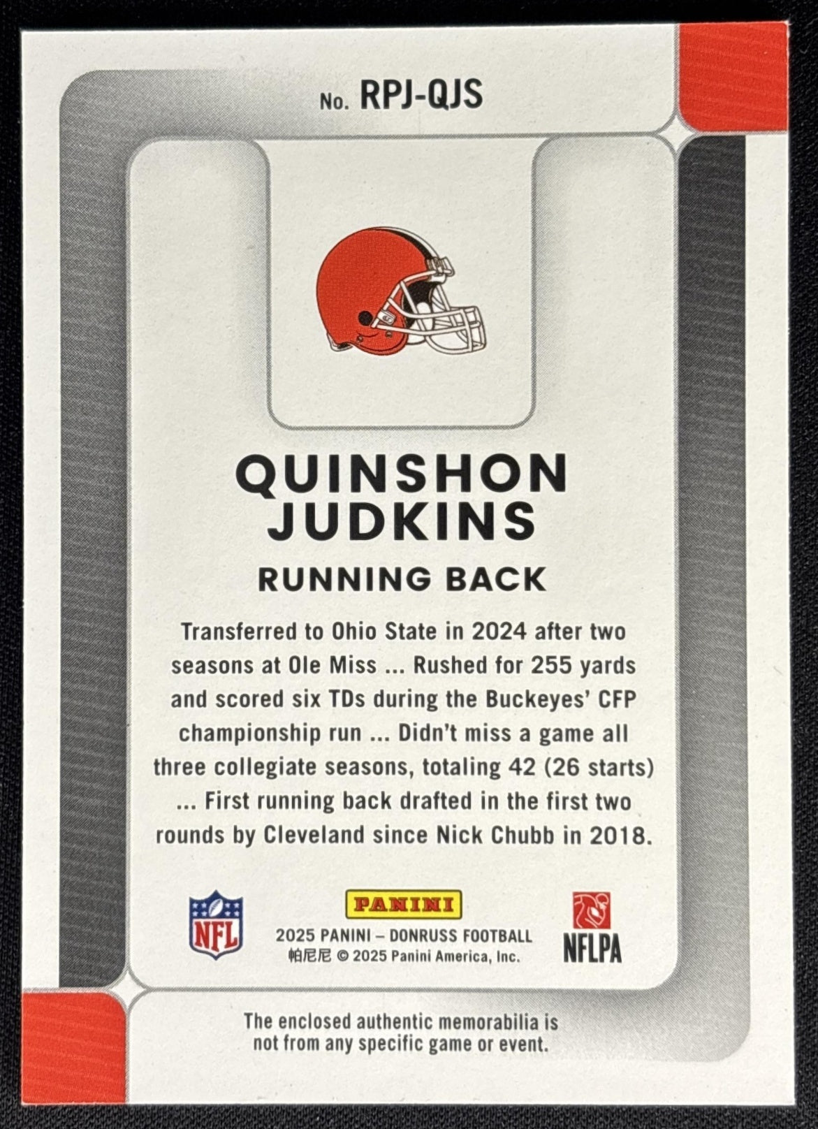 Quinshon Judkins 2025 Panini Donruss Rookie Phenom Jerseys Browns