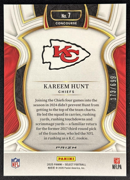 Kareem Hunt 2025 Panini Select Concourse Purple Prizm Shock /699 Chiefs back