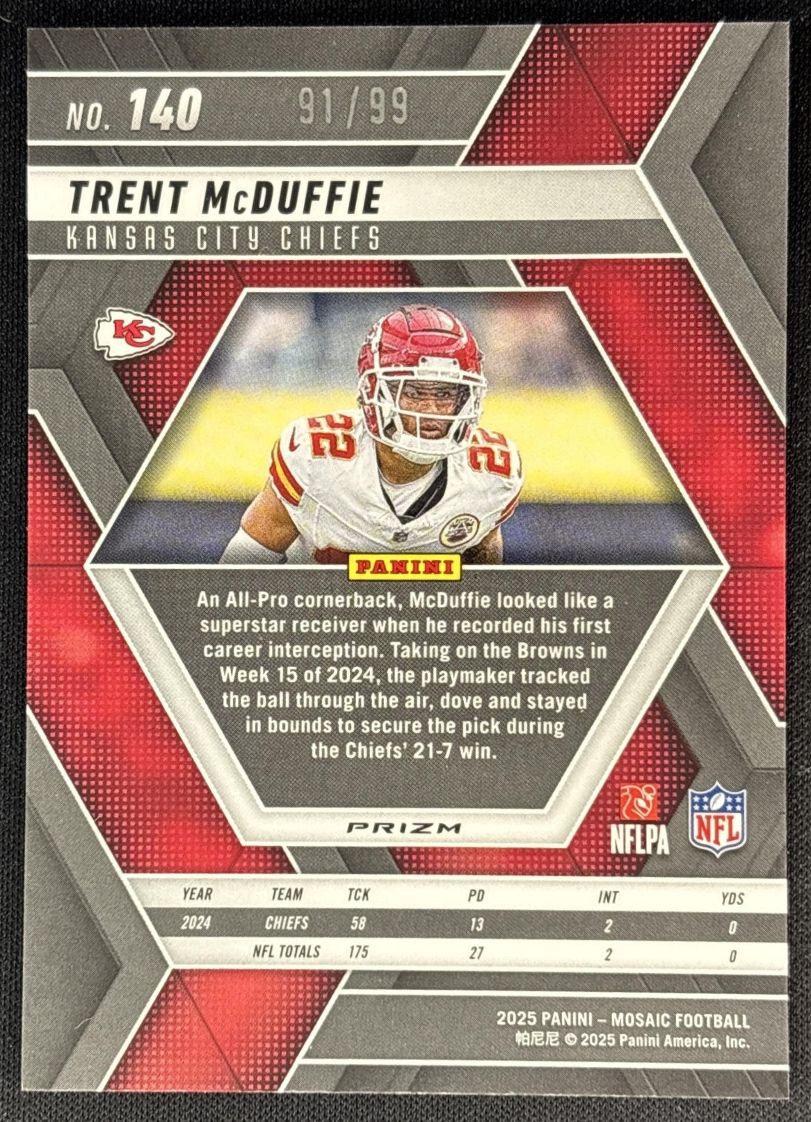 Trent McDuffie 2025 Panini Mosaic No Huddle Blue Prizm /99 Chiefs