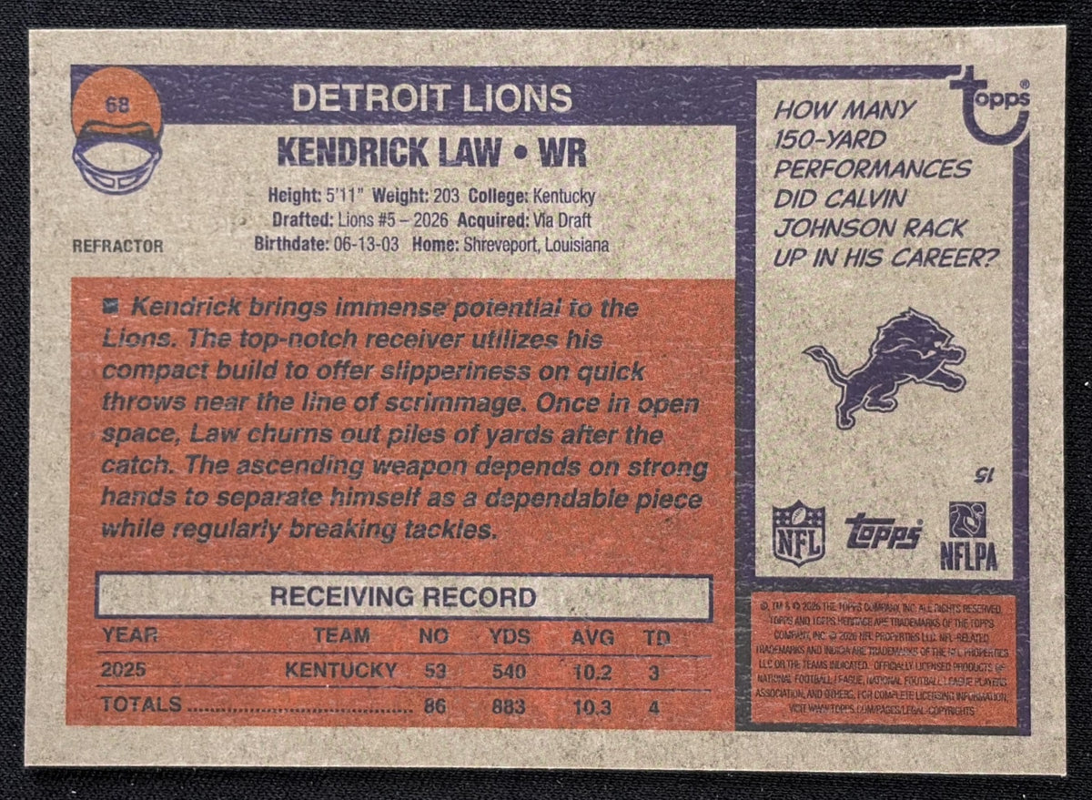 Kendrick Law 2026 Topps Heritage Chrome Refractor Lions Sports Trading Card