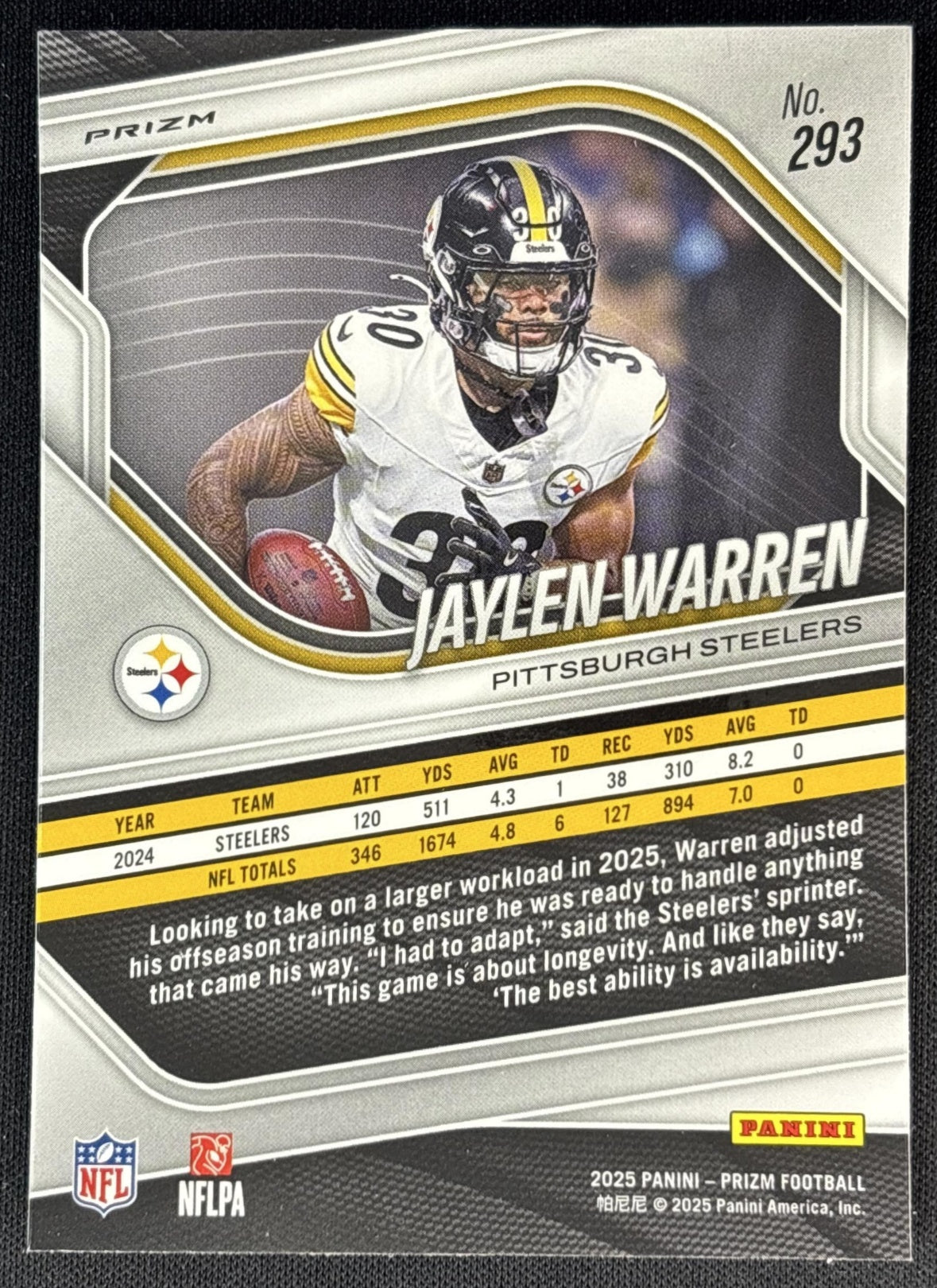 Jaylen Warren 2025 Panini Prizm Orange Ice Steelers