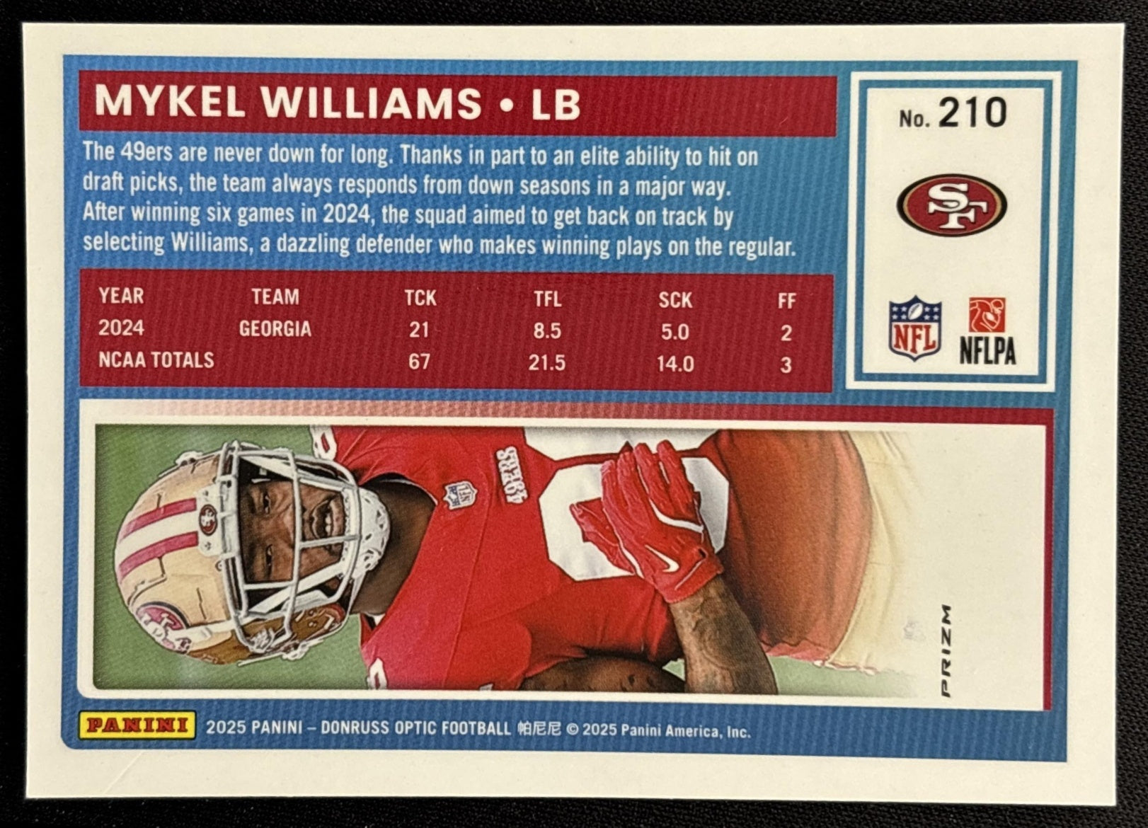Mykel Williams 2025 Panini Donruss Optic Rated Rookie Green Velocity Prizm 49ers back